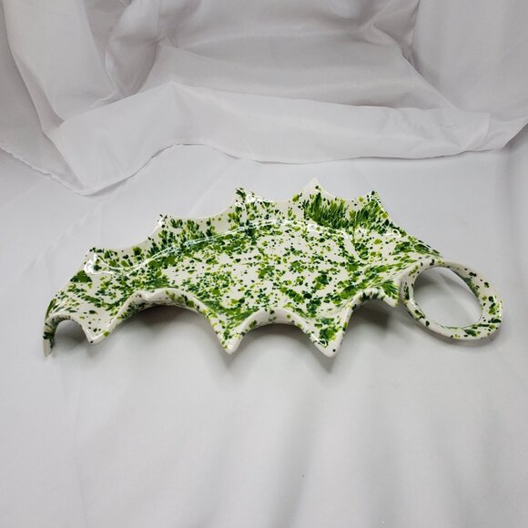 VTG Ceramic Holly Leaf-Shaped serving Tray Green White Splatter 1970's MCM - Picture 2 of 12